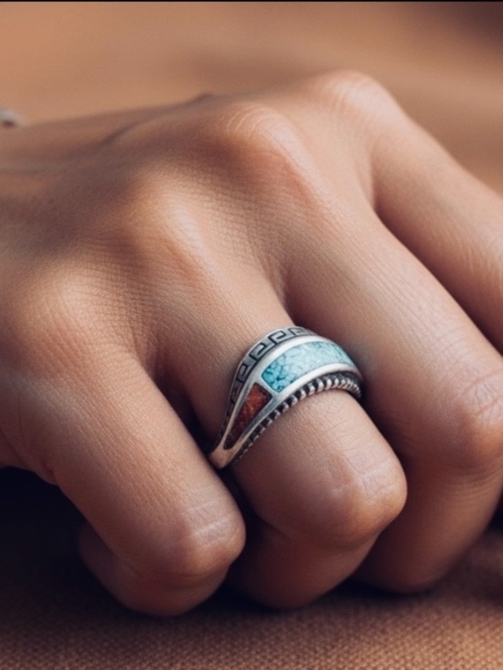 SHUBES NAVAJO VINTAGE TURQUOISE & CORAL STERLING RING IN EX COND SZ 7 FIRM